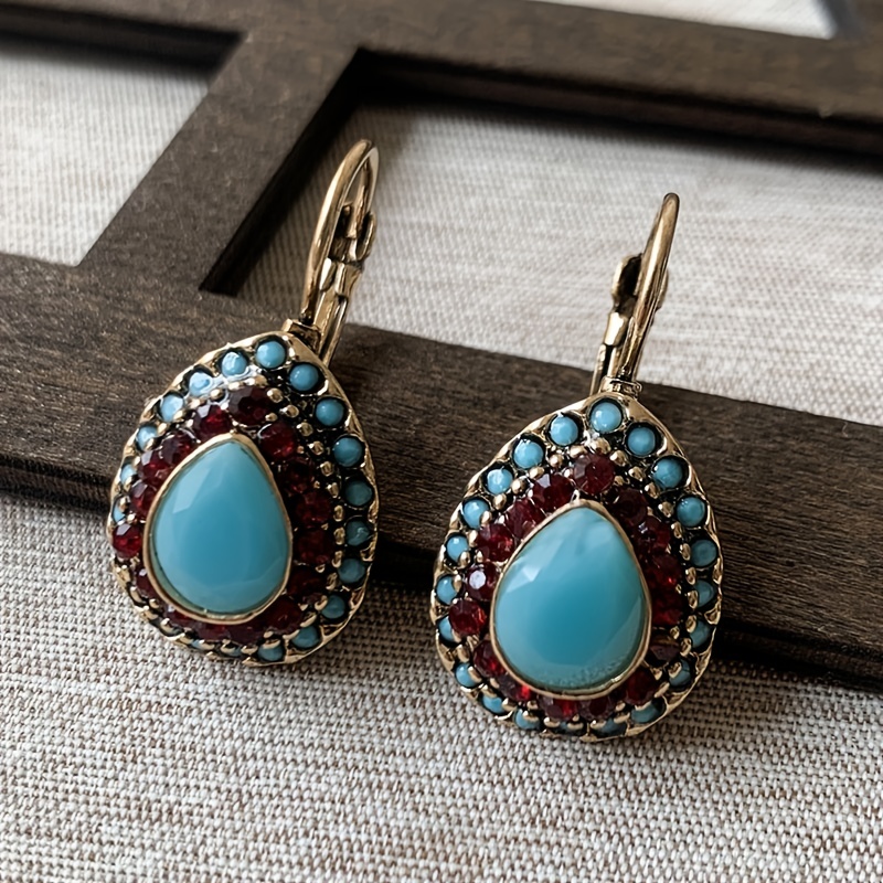 Vintage Teardrop Turquoise & Red Gemstone Earrings with Golden Beaded Frame